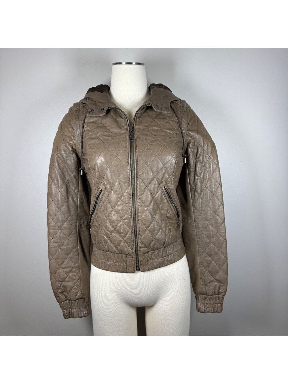 Danier Quilted Brown Hooded Jacket  Removable Sleeves fit XS-Small